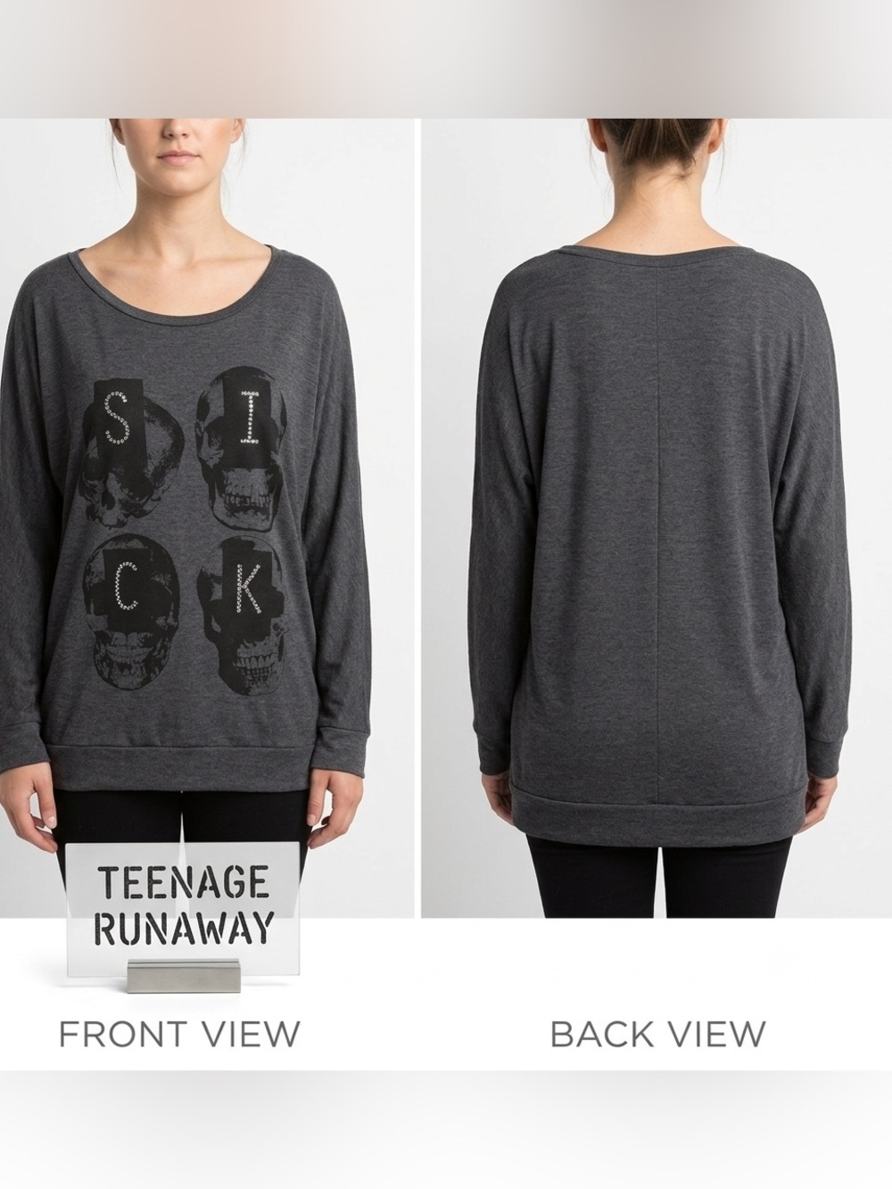 Teenage Runaway SICK Skull Lightweight Gray/Black Sweatshirt Medium